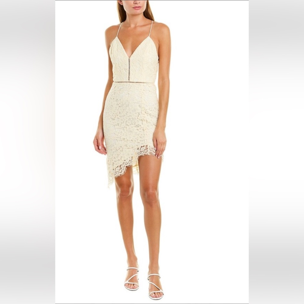 Ivory cream Mini dress by NBD floral lace  spaghetti straps Asymmetrical